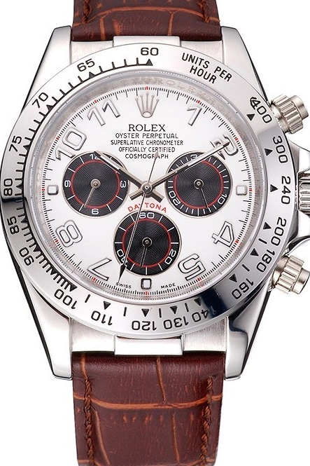 Aaa fake watches Stainless Steel Daytona Brown Dial Leather Rolex Case White Strap 0520